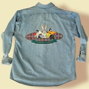 1994 Looney Tunes Denim Overshirt USA Made Warner Bros Vintage 90s Bugs Bunny